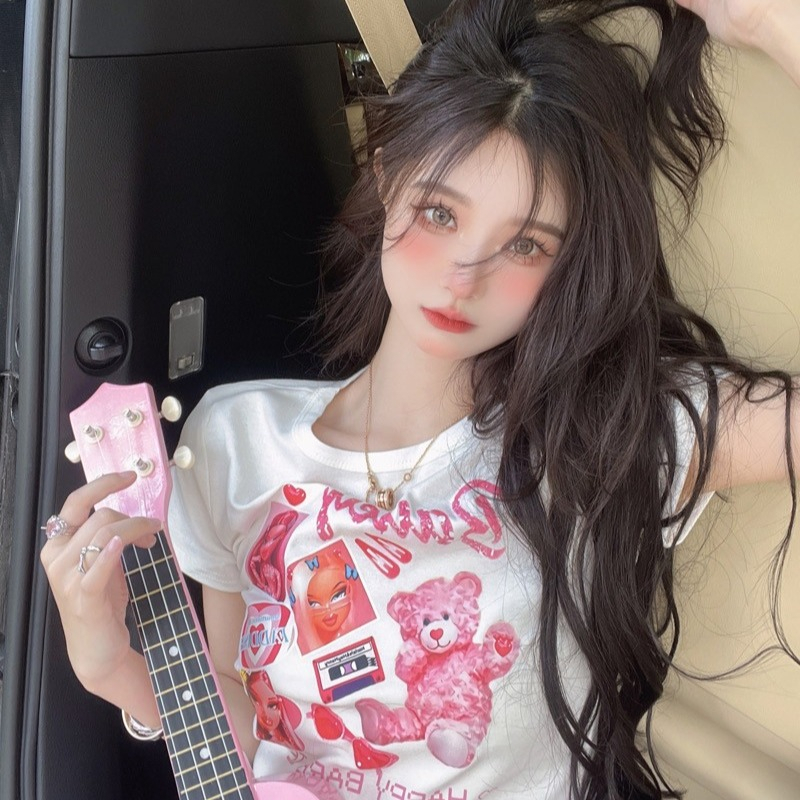 Áo Croptop Tay Ngắn Dáng Ôm In Họa Tiết Gấu Hoạt Hình Dễ Thương Cho Bạn Gái