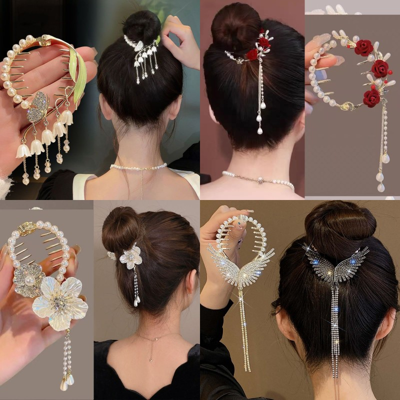 Kẹp Tóc Đính Ngọc Trai Nhân Tạo Phối Tua Rua Phong Cách Vintage
