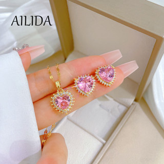  DALATI Bộ Dây Chuyền + Bông Tai Bằng Thép Titan Hình Trái Tim Đính Đá Sang Trọng Nhẹ Nhàng 