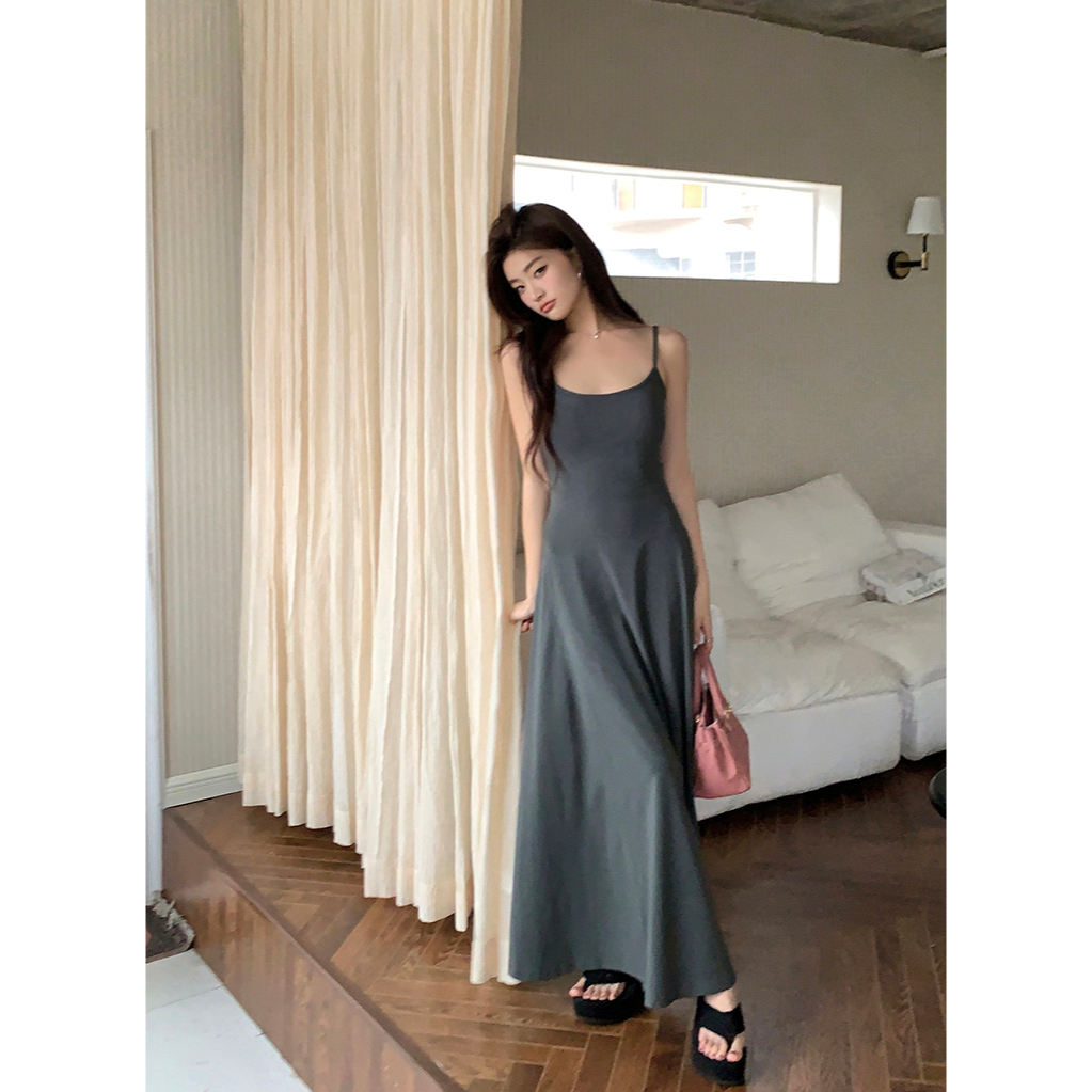 Đầm Hai Dây Dáng Dài Màu Đen / Xám Đơn Giản Thời Trang Cho Nữ 63430
