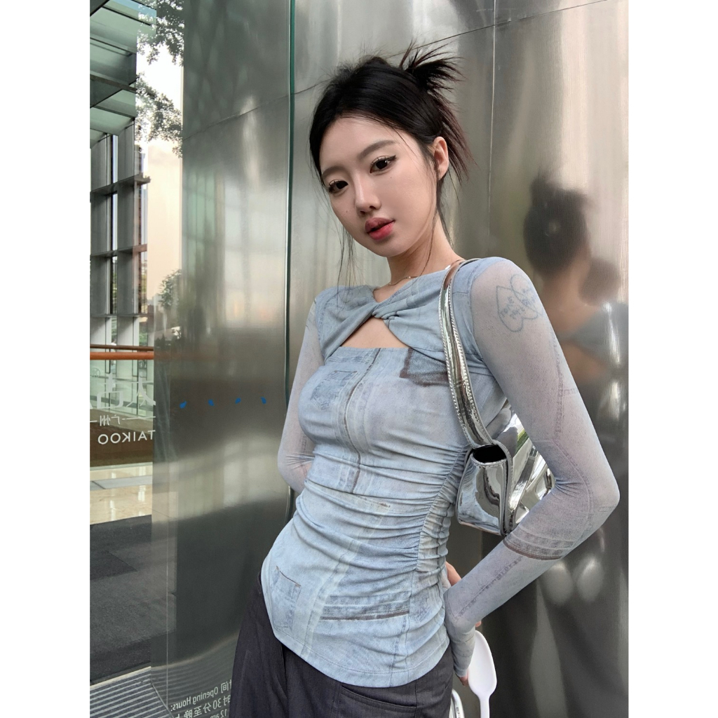 【COLORBLLIND】Niche Áo Ngắn Mỏng Vừa Vặn Tay Áo Xoắn Nhẹ Trong Suốt