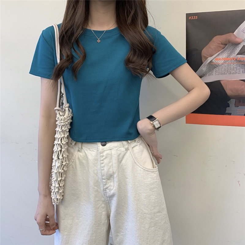 Áo Thun Tay Ngắn Cổ Tròn Màu Kẹo Trơn Thời Trang Hàn Quốc Cho Nữ