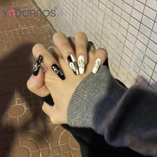 YADORNOS Bộ 24 móng tay giả phối họa tiết màu trắng đen hợp mốt thời trang