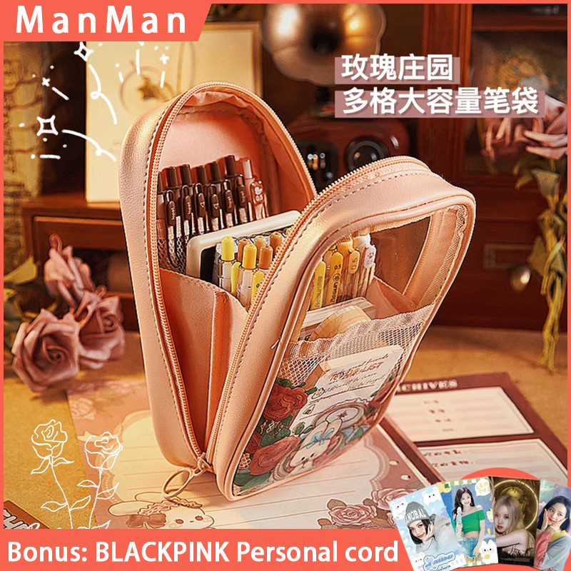 Túi Đựng Bút Nhiều Lớp Trong Suốt Họa Tiết Hoa Hồng Phong Cách Nhật Bản Ốp