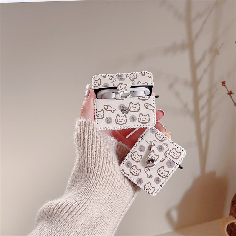 Vỏ Bảo Vệ Hộp Sạc Tai nghe không dây Airpods pro / 3 / 2 / 1 3 2 1 Pro2 Bằng Da Hình Mèo & Cá Hoạt Hình Dễ Thương