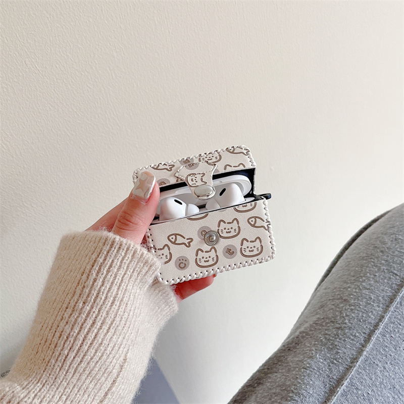 Vỏ Bảo Vệ Hộp Sạc Tai nghe không dây Airpods pro / 3 / 2 / 1 3 2 1 Pro2 Bằng Da Hình Mèo & Cá Hoạt Hình Dễ Thương