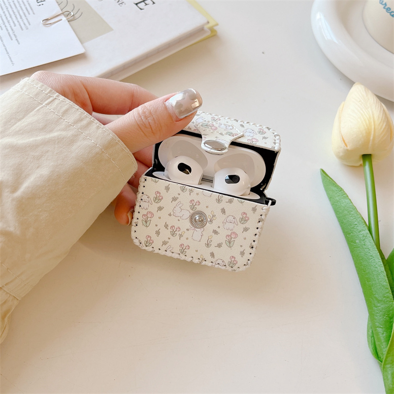 Vỏ Bảo Vệ Hộp Sạc Tai nghe không dây Airpods pro / 3 / 2 / 1 3 2 1 Pro2 Bằng Da Hình Thỏ Và Hoa Dễ Thương