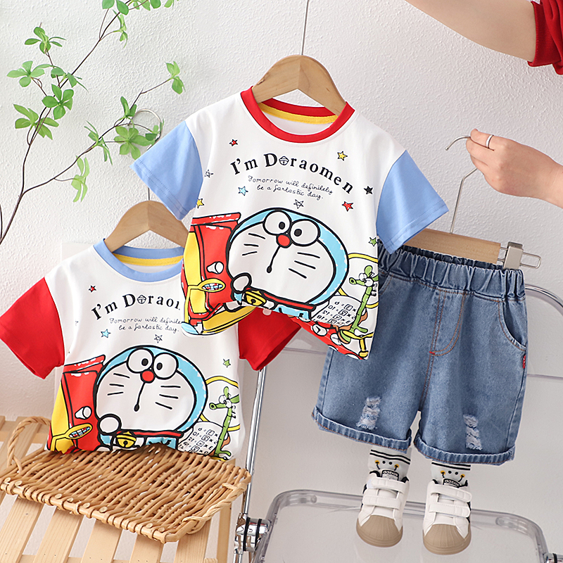Set Đồ 2 Món Gồm Áo Thun Cotton Chắp Vá + Quần Ngắn In Hình Doraemon Thời Trang Cho Bé Trai / Gái