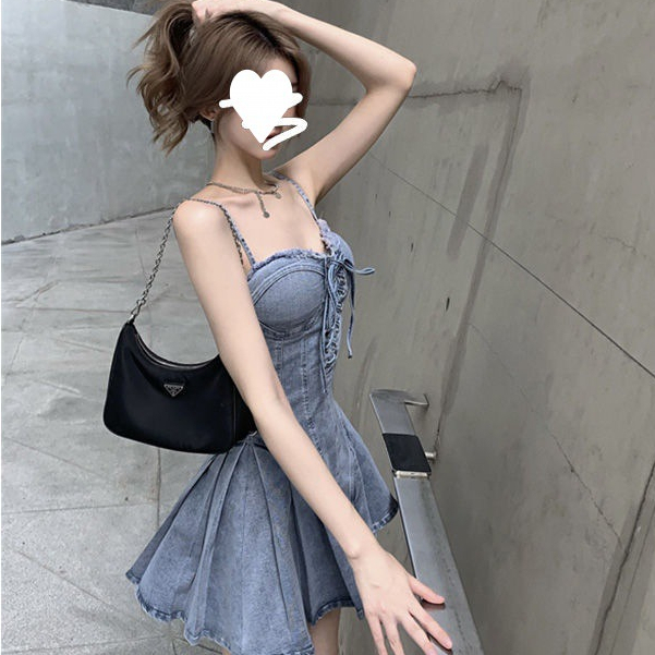 Mùa hè mới sexy ngọt ngào cay denim sling ăn dây buộc thắt lưng denim váy ngắn