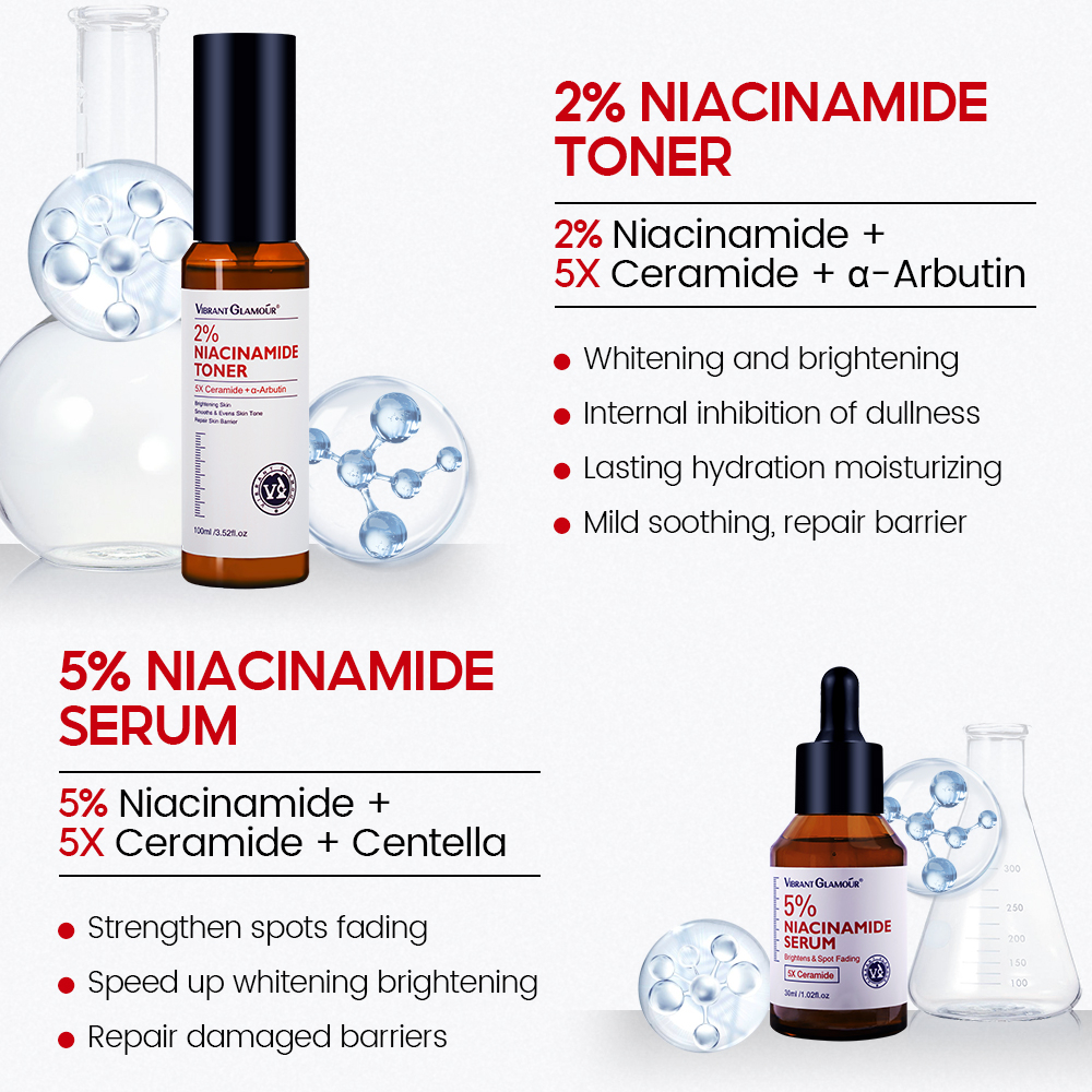 Bộ 4 Sản Phẩm Làm Trắng Da VIBRANT GLAMOUR FDA Niacinamide 8% Kem + 5% Serum + 2% Dưỡng Ẩm 5 Loại Tùy Chọn