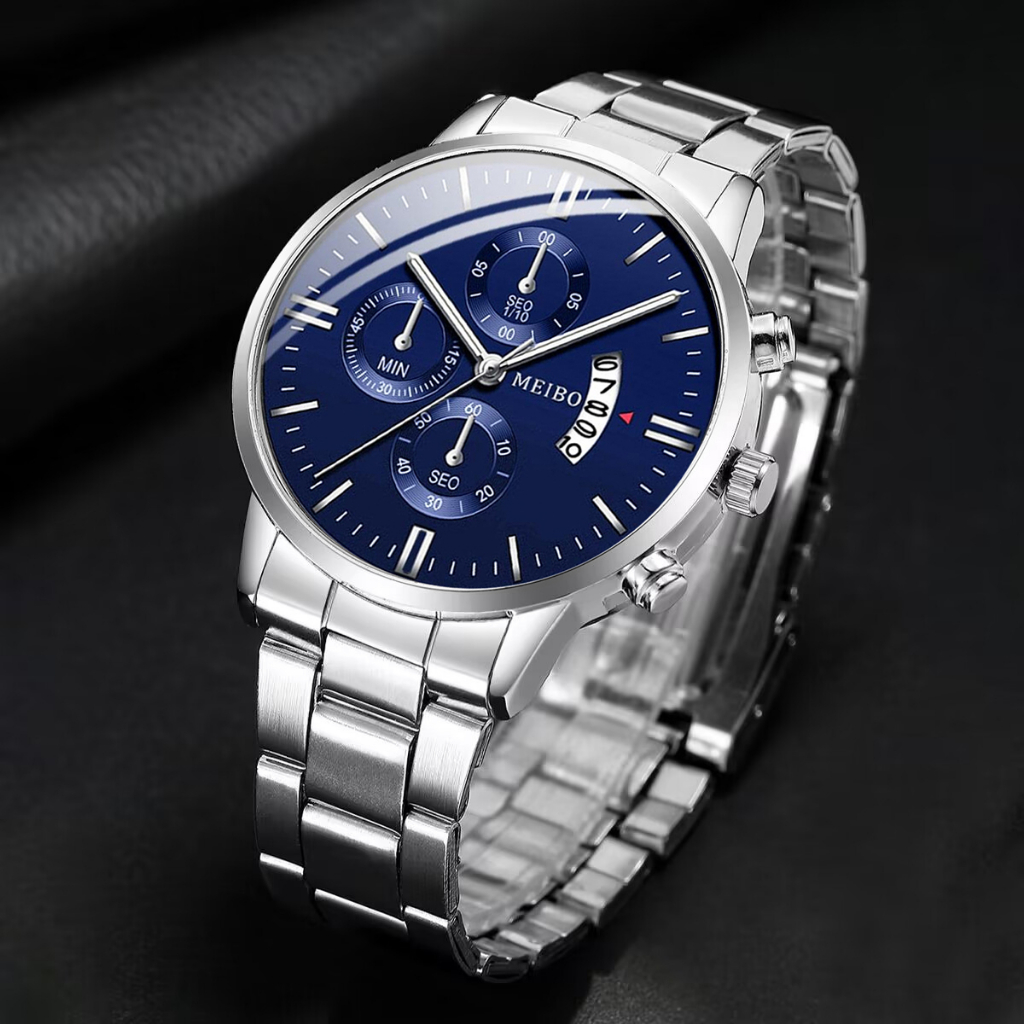 Đồng hồ đeo tay thạch anh có lịch hàng ngày dây đeo bằng thép không gỉ thời trang nam