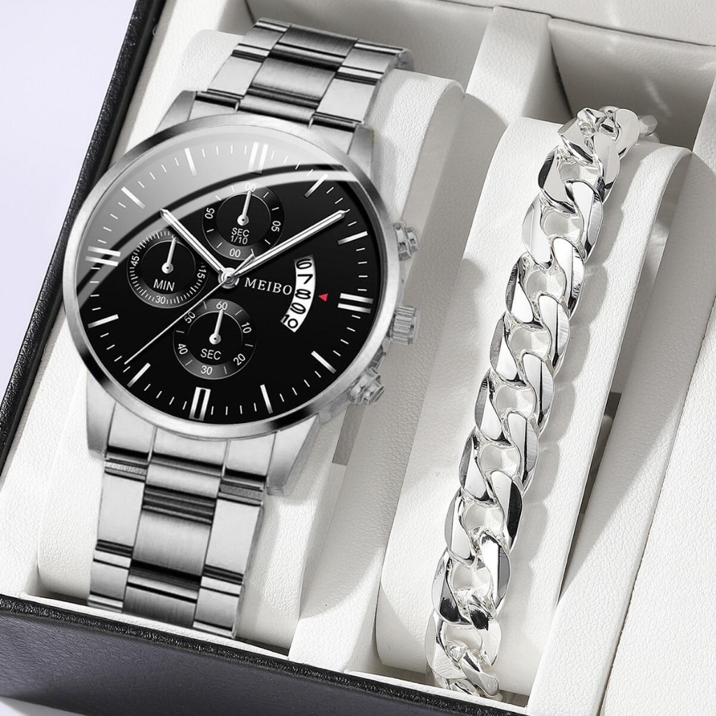 Đồng hồ đeo tay thạch anh có lịch hàng ngày dây đeo bằng thép không gỉ thời trang nam