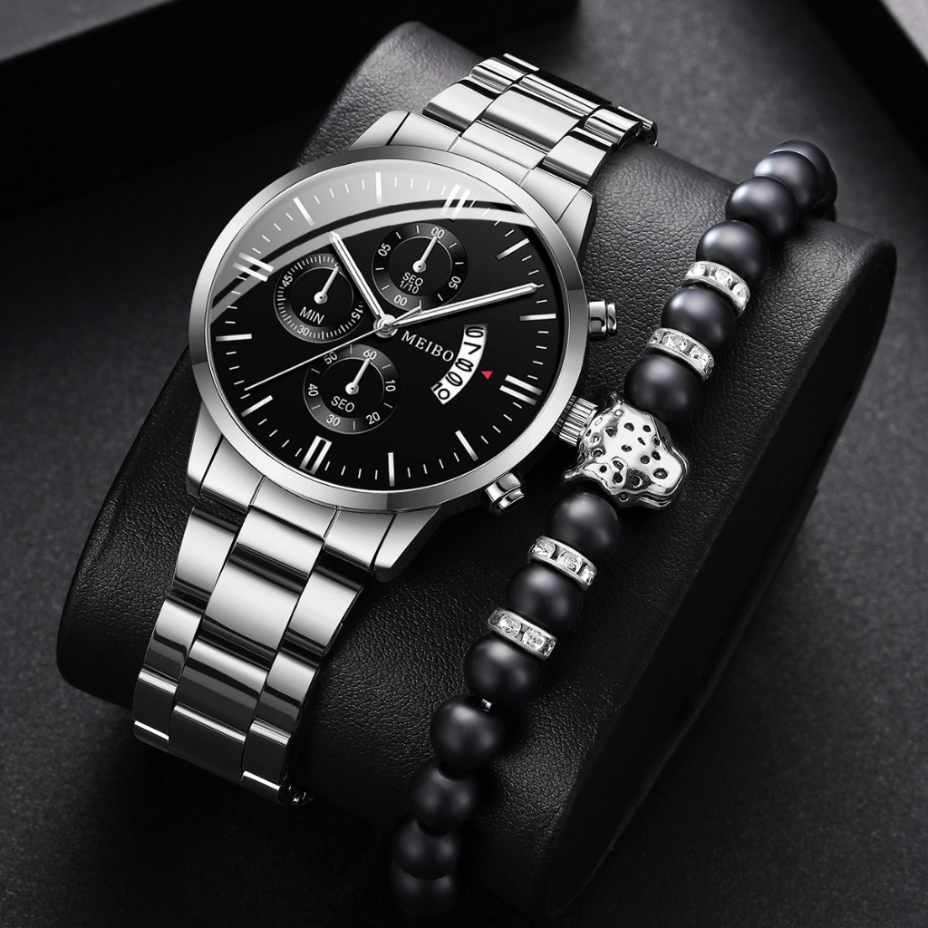 Đồng hồ đeo tay thạch anh có lịch hàng ngày dây đeo bằng thép không gỉ thời trang nam