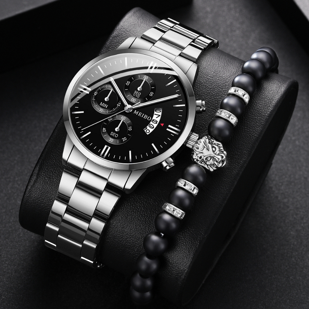 Đồng hồ đeo tay thạch anh có lịch hàng ngày dây đeo bằng thép không gỉ thời trang nam