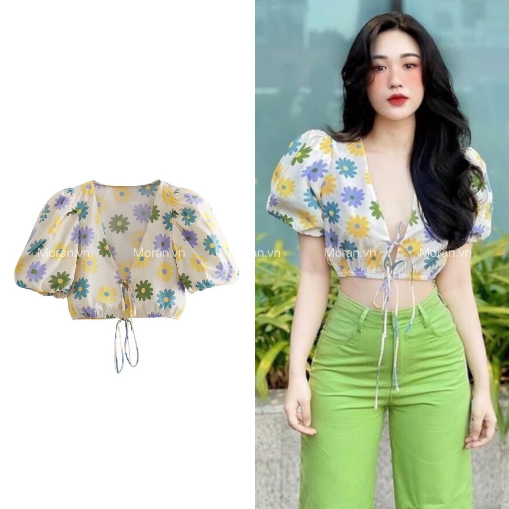 Áo Kiểu Tay Phồng Cổ Chữ V In Họa Tiết Hoa Hướng Dương Thời Trang Xuân Hè Hàng Mới Dành Cho Bạn Nữ 1988 # 222330404