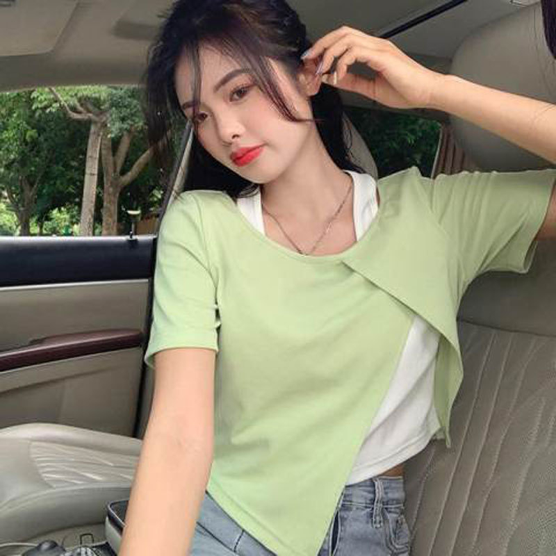 Frontline Phụ Nữ Áo Không Đều Viền Tay Ngắn Slim Fit Giả 2 Mùa Hè Hàng Đầu Cho Ngày Lễ Mua Sắm