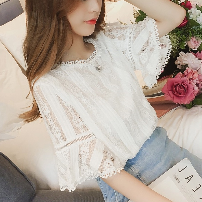 Áo Ren Trắng Tay Ngắn Ống Loe Thời Trang Cho Nữ