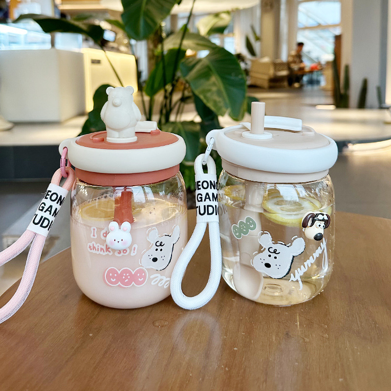 Bình Nước Thủy Tinh Dung Tích Lớn Có Tay Cầm Và Ống Hút Dễ Thương Cho Bé