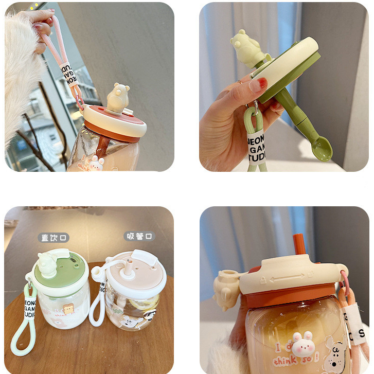 Bình Nước Thủy Tinh Dung Tích Lớn Có Tay Cầm Và Ống Hút Dễ Thương Cho Bé