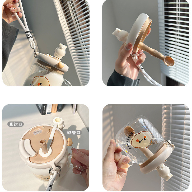 Bình Nước Thủy Tinh Dung Tích Lớn Có Tay Cầm Và Ống Hút Dễ Thương Cho Bé