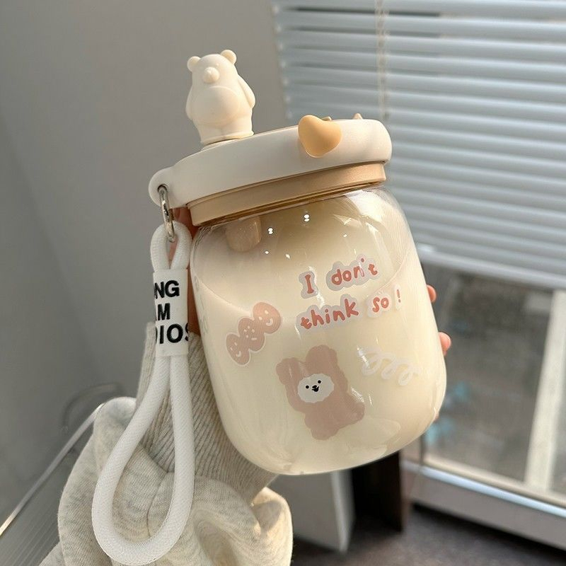 Bình Nước Thủy Tinh Dung Tích Lớn Có Tay Cầm Và Ống Hút Dễ Thương Cho Bé