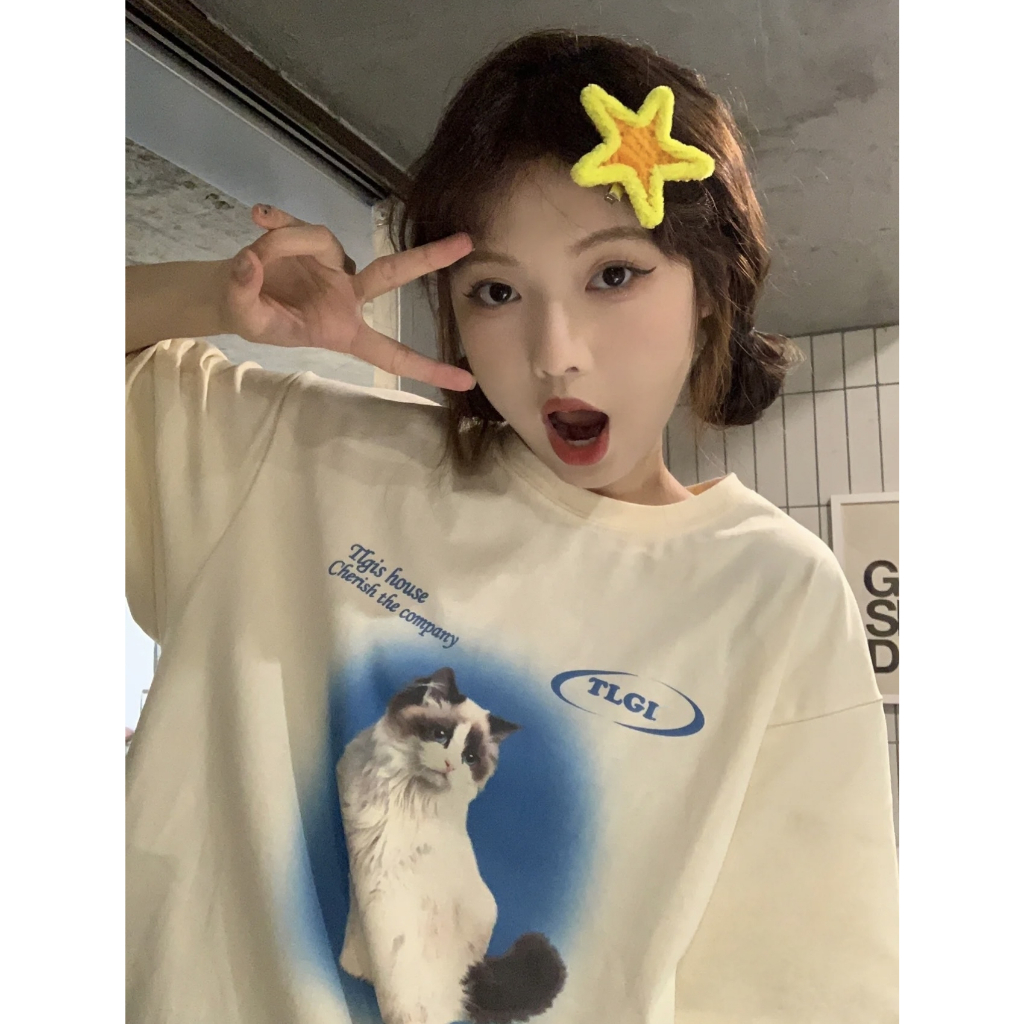 Ethelgirl Áo Thun unisex Tay Ngắn In Hình Mèo Dễ Thương Thời Trang