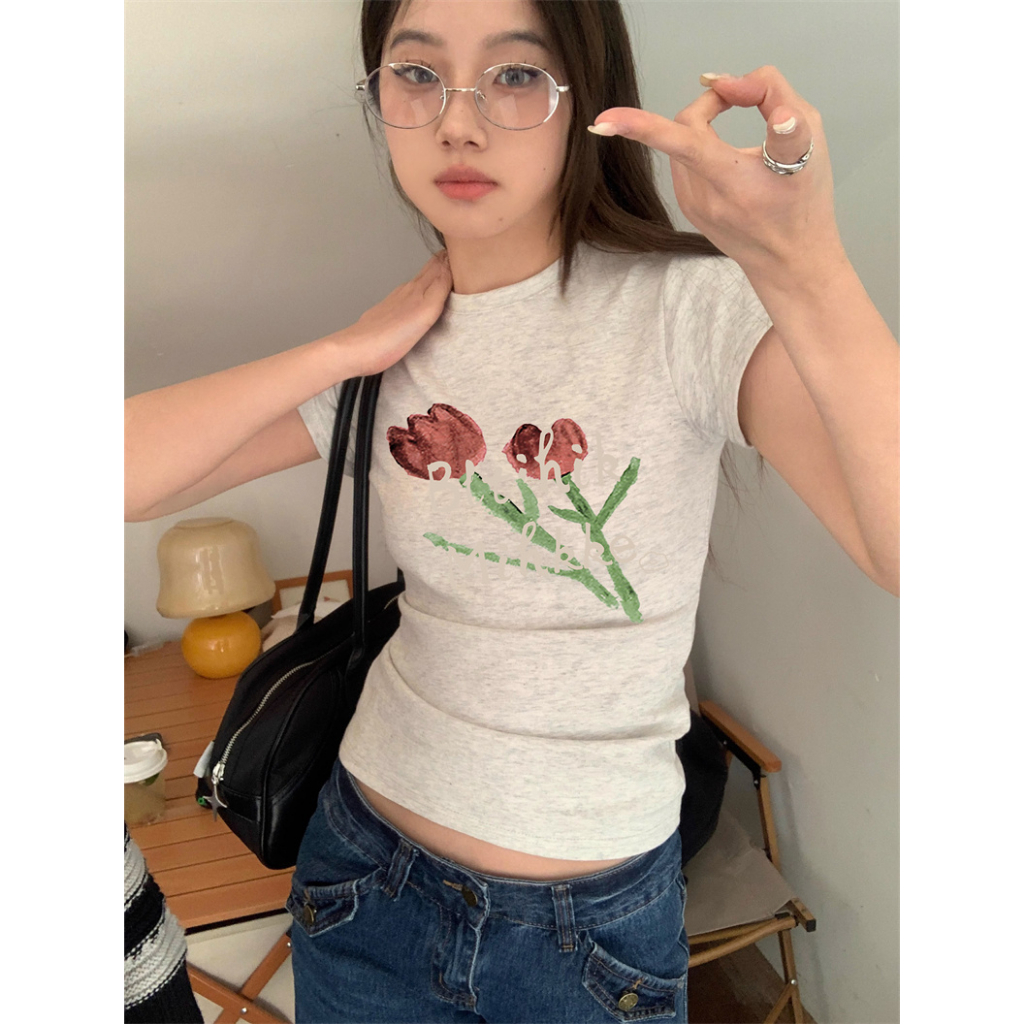 HUANG YOYO Áo Thun Tay Ngắn In Hoa Cổ Tròn Cho Nữ