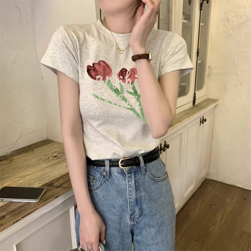 HUANG YOYO Áo Thun Tay Ngắn In Hoa Cổ Tròn Cho Nữ