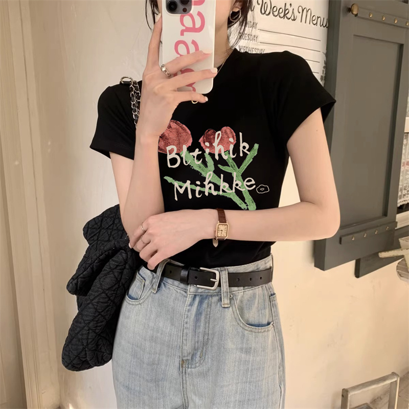 HUANG YOYO Áo Thun Tay Ngắn In Hoa Cổ Tròn Cho Nữ