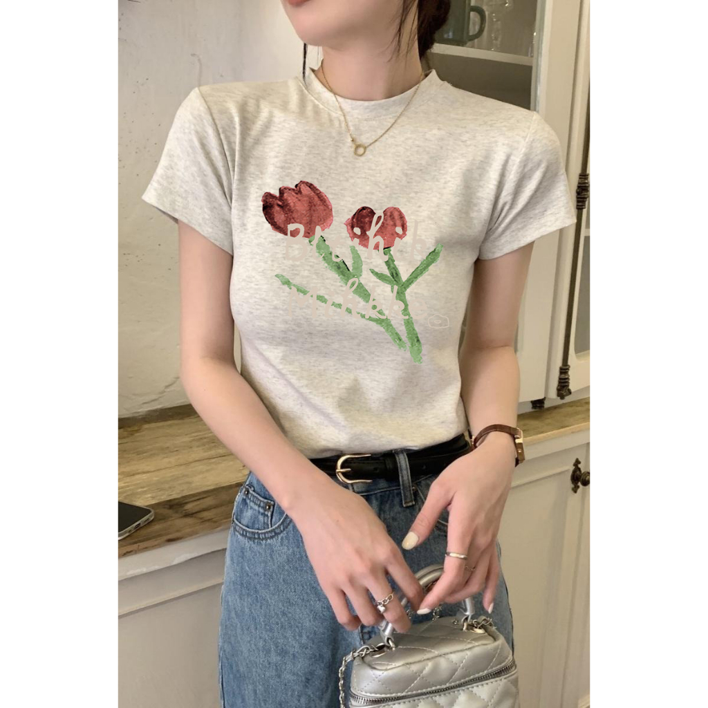 HUANG YOYO Áo Thun Tay Ngắn In Hoa Cổ Tròn Cho Nữ