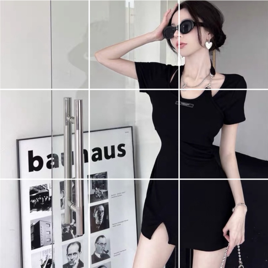 Mùa hè treo cổ giả hai bộ váy liền thân gầy thắt lưng xẻ tà