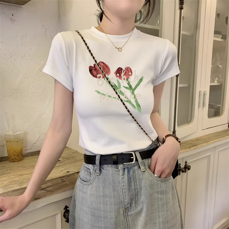 HUANG YOYO Áo Thun Tay Ngắn In Hoa Cổ Tròn Cho Nữ