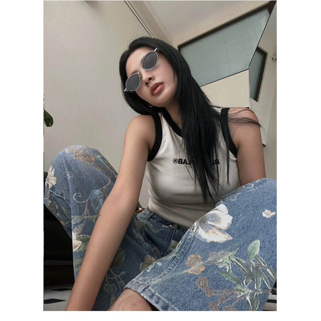 Quần Jean Dài Ống Rộng In Họa Tiết Kiểu Retro Cá Tính Cho Nữ