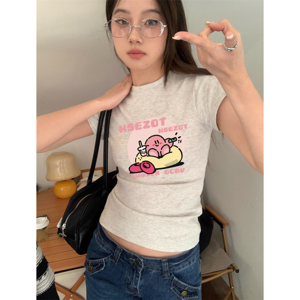 HUANG YOYO Áo Thun Tay Ngắn Cổ Tròn Dáng Ôm In Họa Tiết Hoạt Hình Thời Trang Mùa Hè Cho Nữ