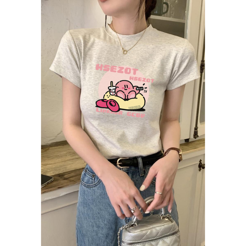 HUANG YOYO Áo Thun Tay Ngắn Cổ Tròn Dáng Ôm In Họa Tiết Hoạt Hình Thời Trang Mùa Hè Cho Nữ