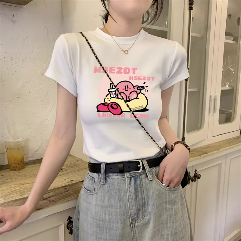 HUANG YOYO Áo Thun Tay Ngắn Cổ Tròn Dáng Ôm In Họa Tiết Hoạt Hình Thời Trang Mùa Hè Cho Nữ