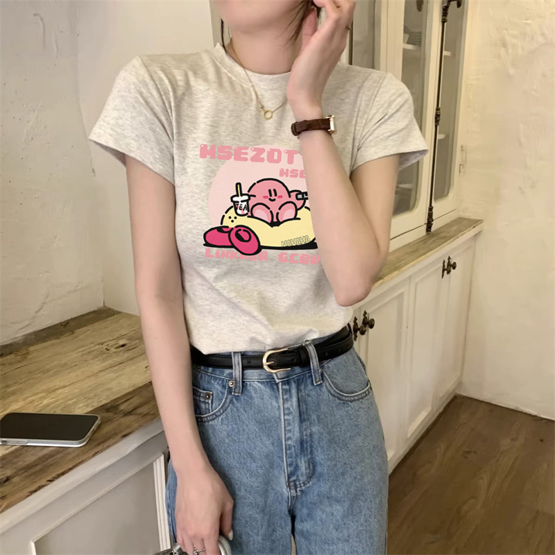 HUANG YOYO Áo Thun Tay Ngắn Cổ Tròn Dáng Ôm In Họa Tiết Hoạt Hình Thời Trang Mùa Hè Cho Nữ