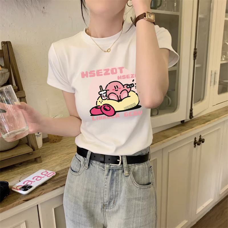 HUANG YOYO Áo Thun Tay Ngắn Cổ Tròn Dáng Ôm In Họa Tiết Hoạt Hình Thời Trang Mùa Hè Cho Nữ