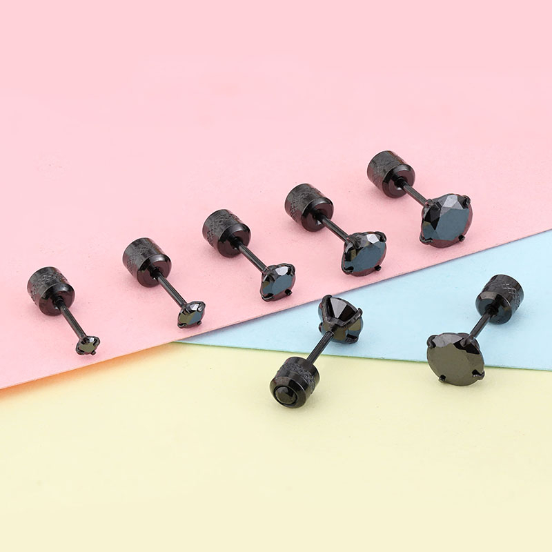 1 Cặp Bông Tai Thép Titan Đính Đá Zircon Đen / Kim Cương 2-6MM Dành Cho Nữ