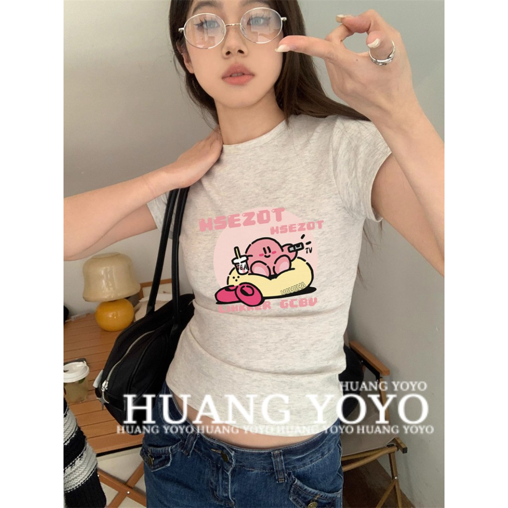 HUANG YOYO Áo Thun Tay Ngắn Cổ Tròn Dáng Ôm In Họa Tiết Hoạt Hình Thời Trang Mùa Hè Cho Nữ