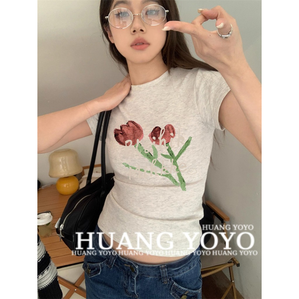 HUANG YOYO Áo Thun Tay Ngắn In Hoa Cổ Tròn Cho Nữ