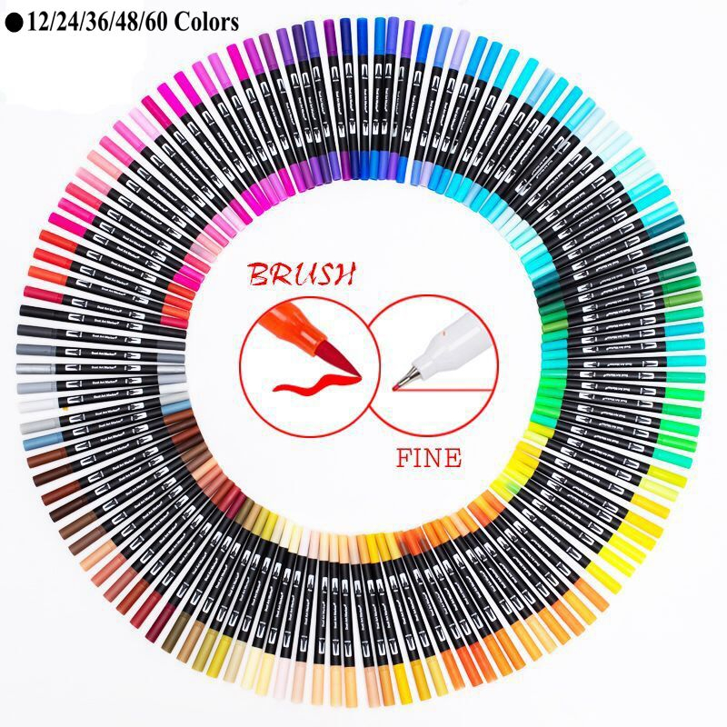 Professional Bộ Vẽ 12/24/36/48/60 Màu Bút Đánh Dấu Dual Tip Brush Pen& Fineliner Bút Màu Nước Văn Phòng Phẩm Quà Tặng Cho Bé