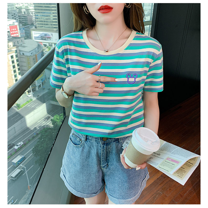 Áo Thun Tay Ngắn Cổ Tròn Thêu Họa Tiết Kẻ Sọc Thời Trang Hàn Quốc Cho Nữ