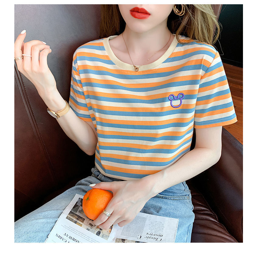 Áo Thun Tay Ngắn Cổ Tròn Thêu Họa Tiết Kẻ Sọc Thời Trang Hàn Quốc Cho Nữ
