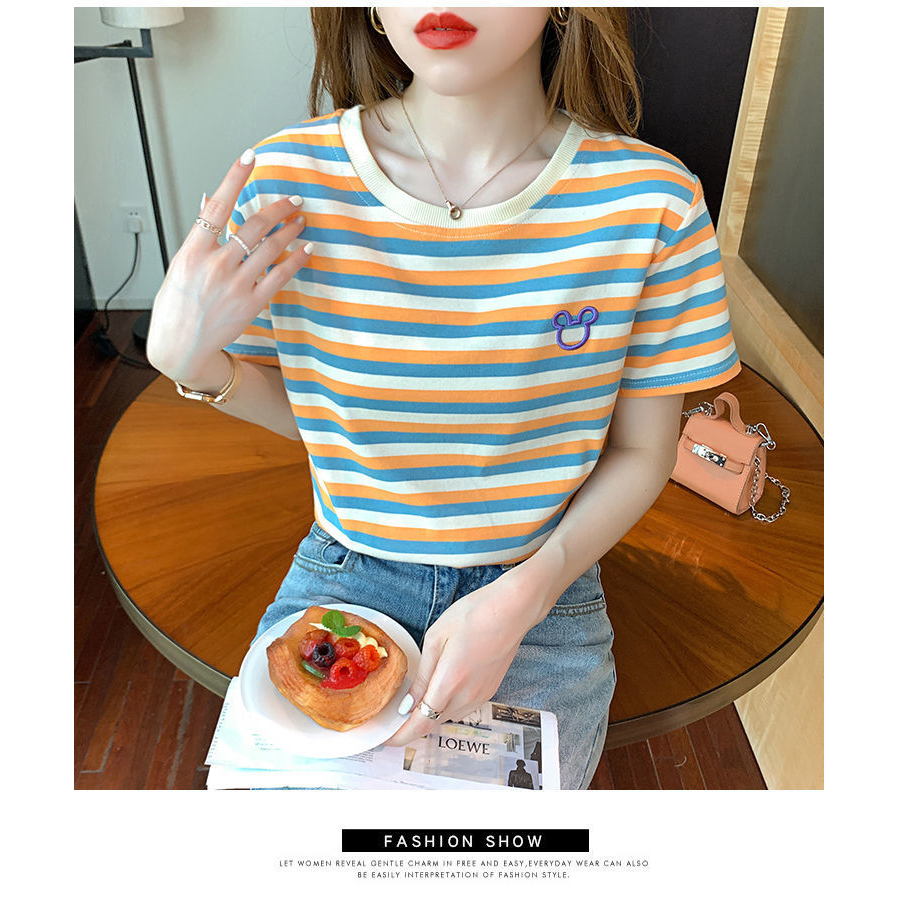 Áo Thun Tay Ngắn Cổ Tròn Thêu Họa Tiết Kẻ Sọc Thời Trang Hàn Quốc Cho Nữ
