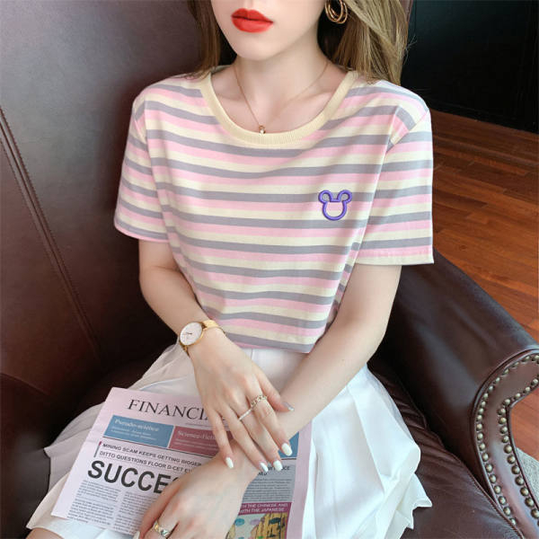 Áo Thun Tay Ngắn Cổ Tròn Thêu Họa Tiết Kẻ Sọc Thời Trang Hàn Quốc Cho Nữ
