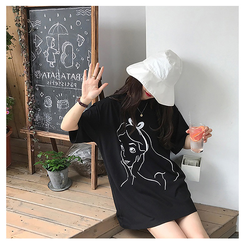 Áo Thun Nữ Cổ Tròn Ngắn Tay Dáng Rộng In Hình Thời Trang Hàn Quốc