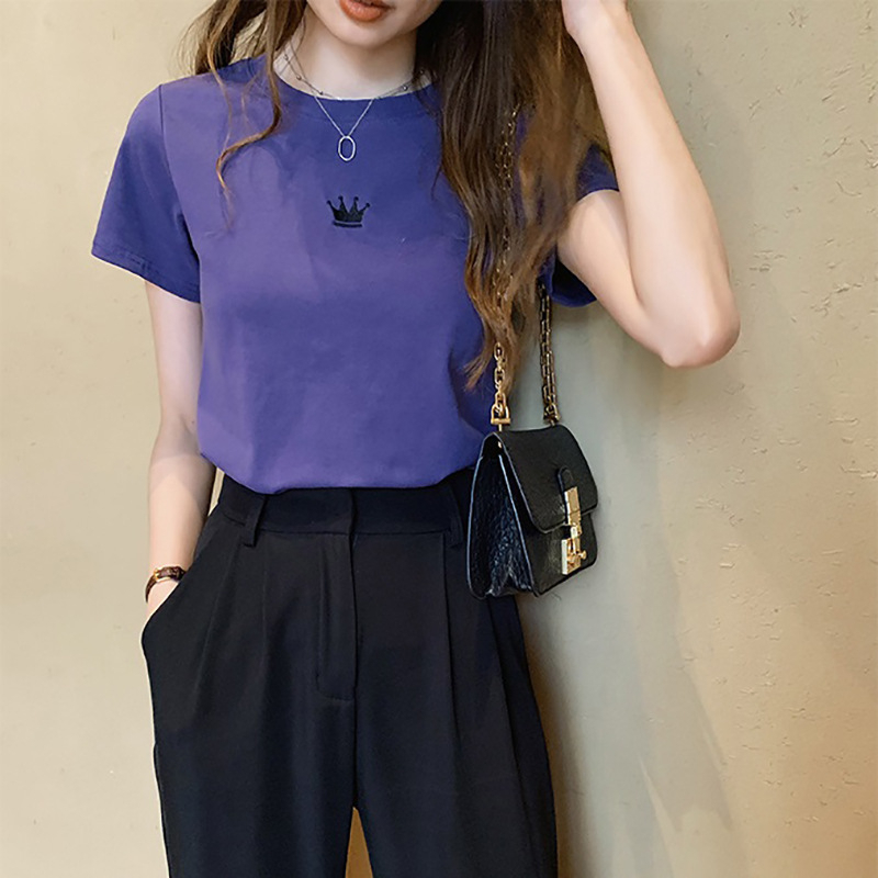 Áo Thun Tay Ngắn Cổ Tròn Thêu Họa Tiết Đơn Giản Thời Trang Hàn Quốc Cho Nữ