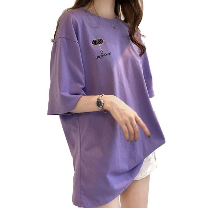 Áo Thun Nữ Ngắn Tay Cổ Tròn Thêu Hoa Thời Trang Hàn Quốc