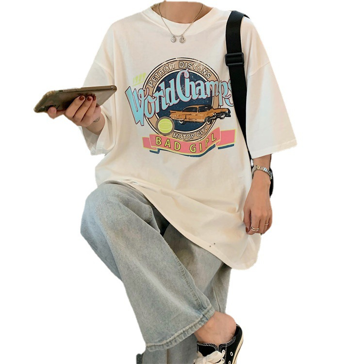 Áo Thun Tay Ngắn Cổ Tròn Dáng Rộng In Họa Tiết Thời Trang Mùa Hè Phong Cách Hàn Quốc Cho Nữ